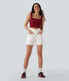 Halara Flex™ Short décontracté évasé à jambe large en denim extensible délavé taille haute croisée avec poches multiples
