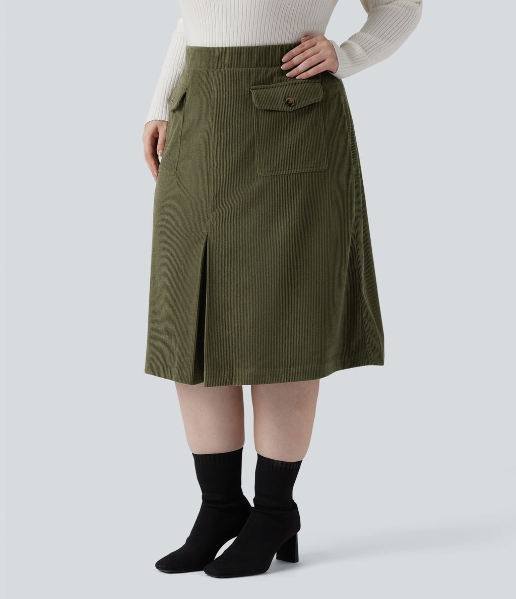 Jupe décontractée grande taille mi-longue en velours côtelé taille mi-haute avec poches