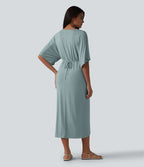 Robe midi col V manches chauve-souris ourlet tulipe torsadé