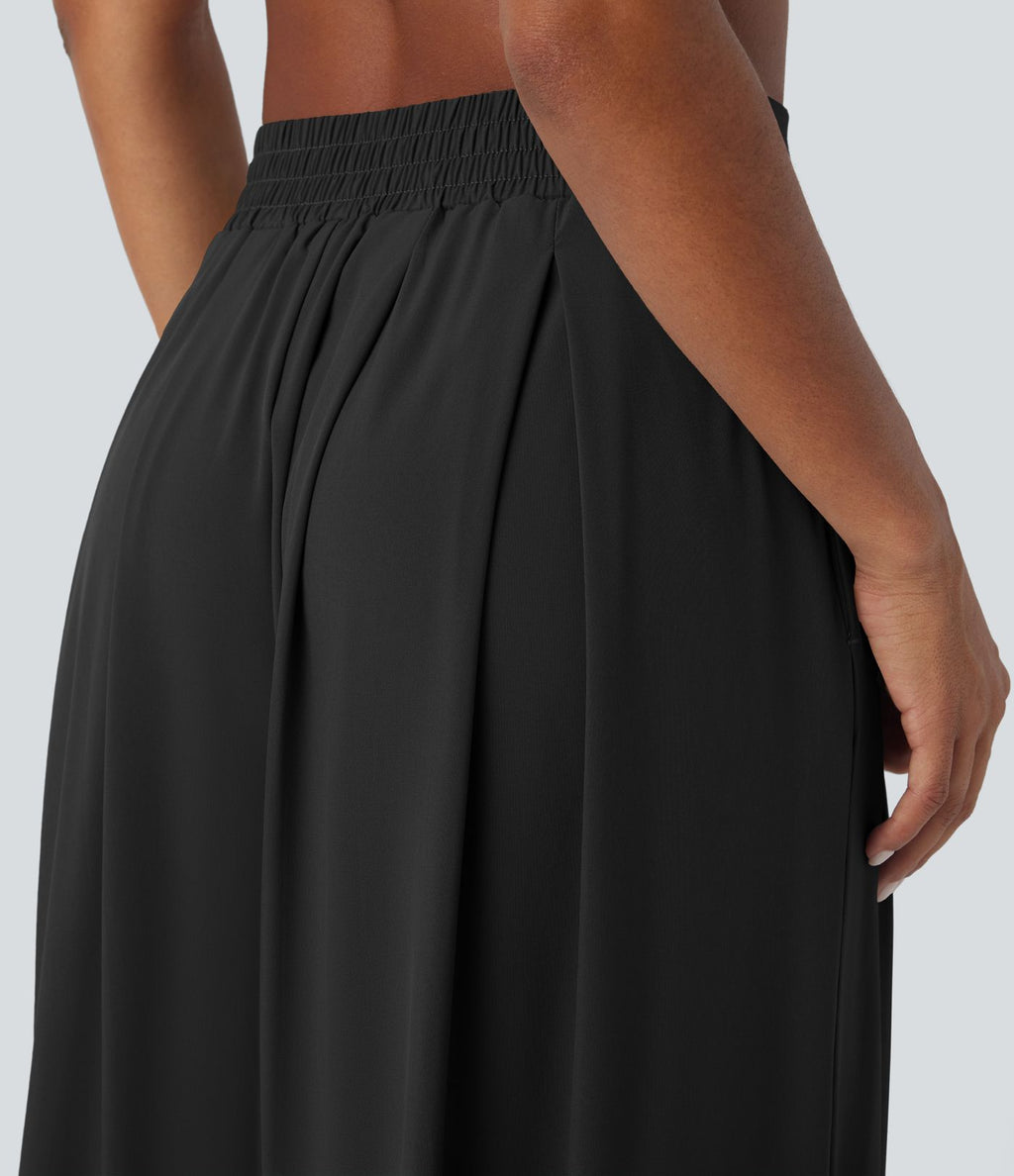 Breezeful™ Pantalon Large Fluide Taille Haute Plis Poches Latérales et Taille Élastique Séchage Rapide