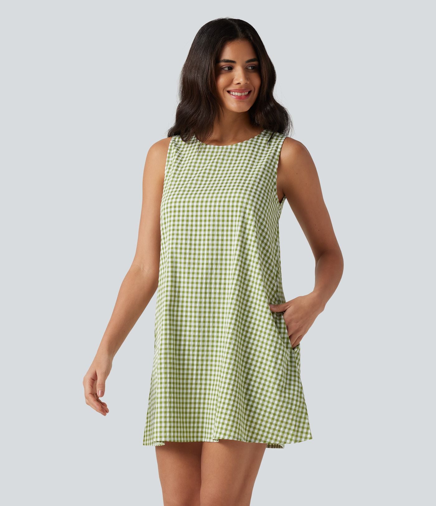 Robe débardeur mini décontractée col rond sans manches en vichy froissé avec poches