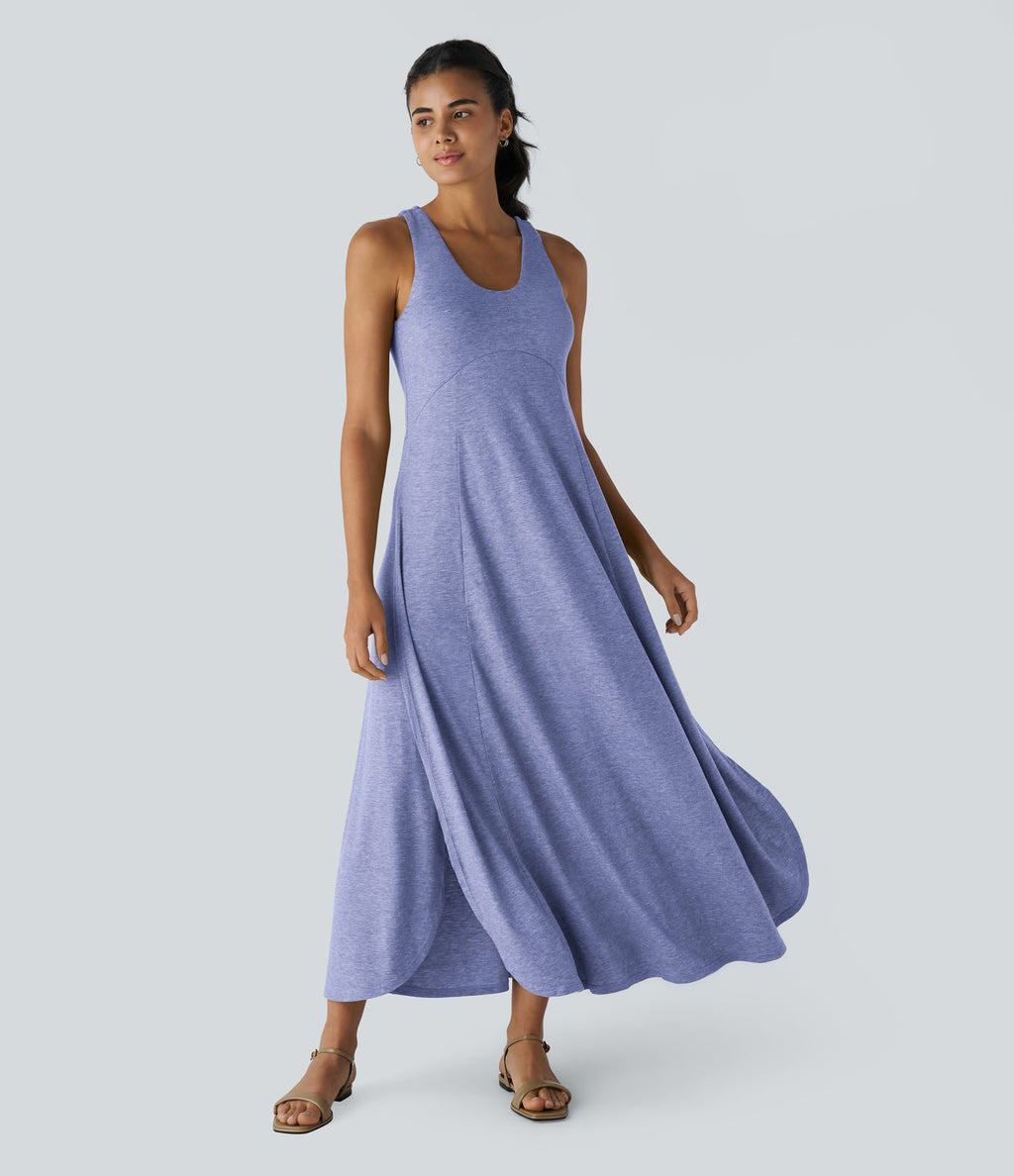 Robe Casual Débardeur Longue Fluide Fendue Dos Nu à Col en U