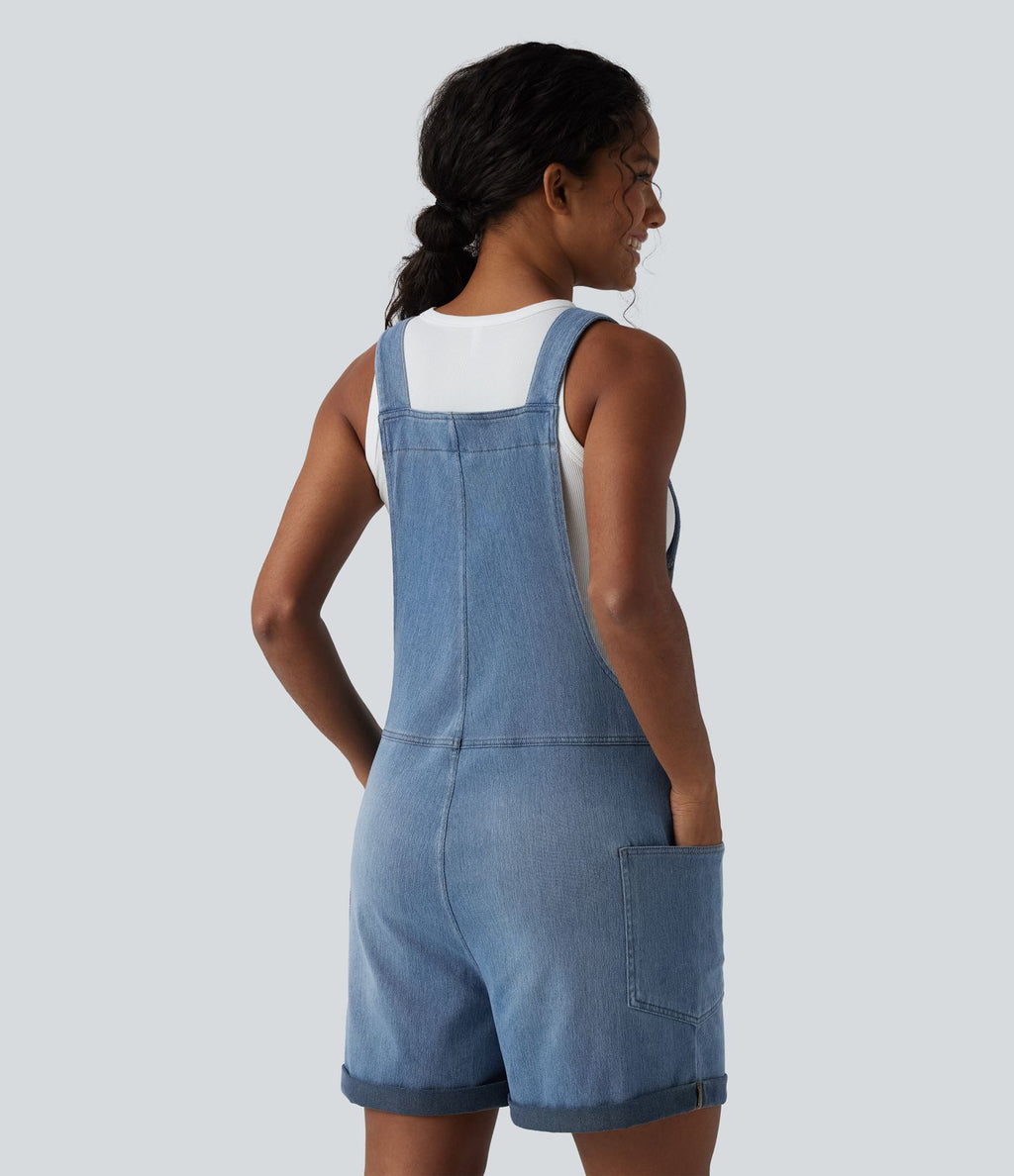 Salopette en jean Halara Flex™ col V délavée décontractée à ourlet roulotté avec poches