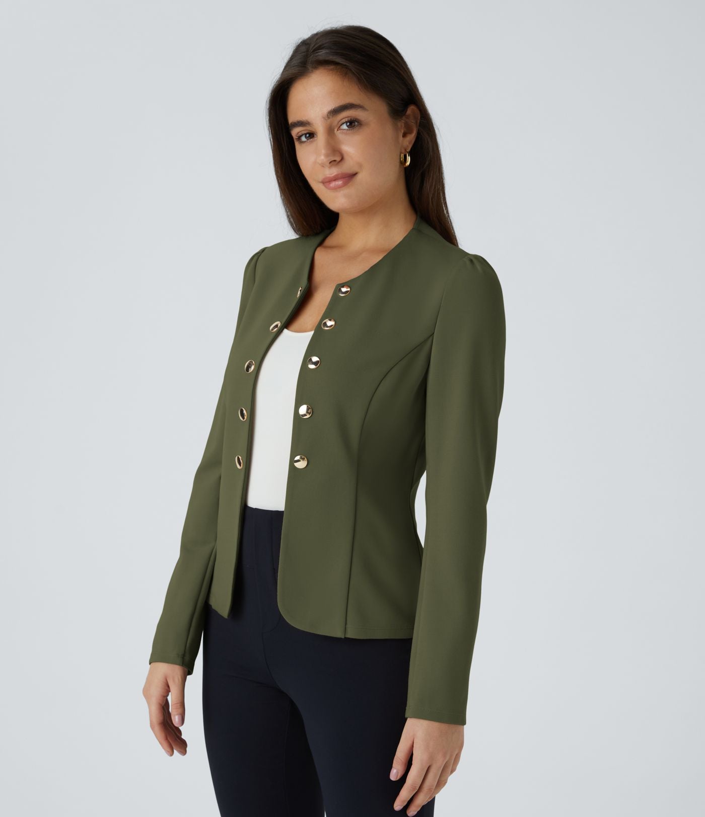 Blazer tailleur ajusté à col rond, manches longues avec boutons décoratifs