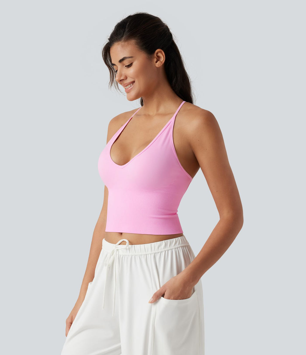 OneForm Seamless Flow Débardeur de yoga crop dos nu croisé décolleté en V profond avec soutien-gorge intégré