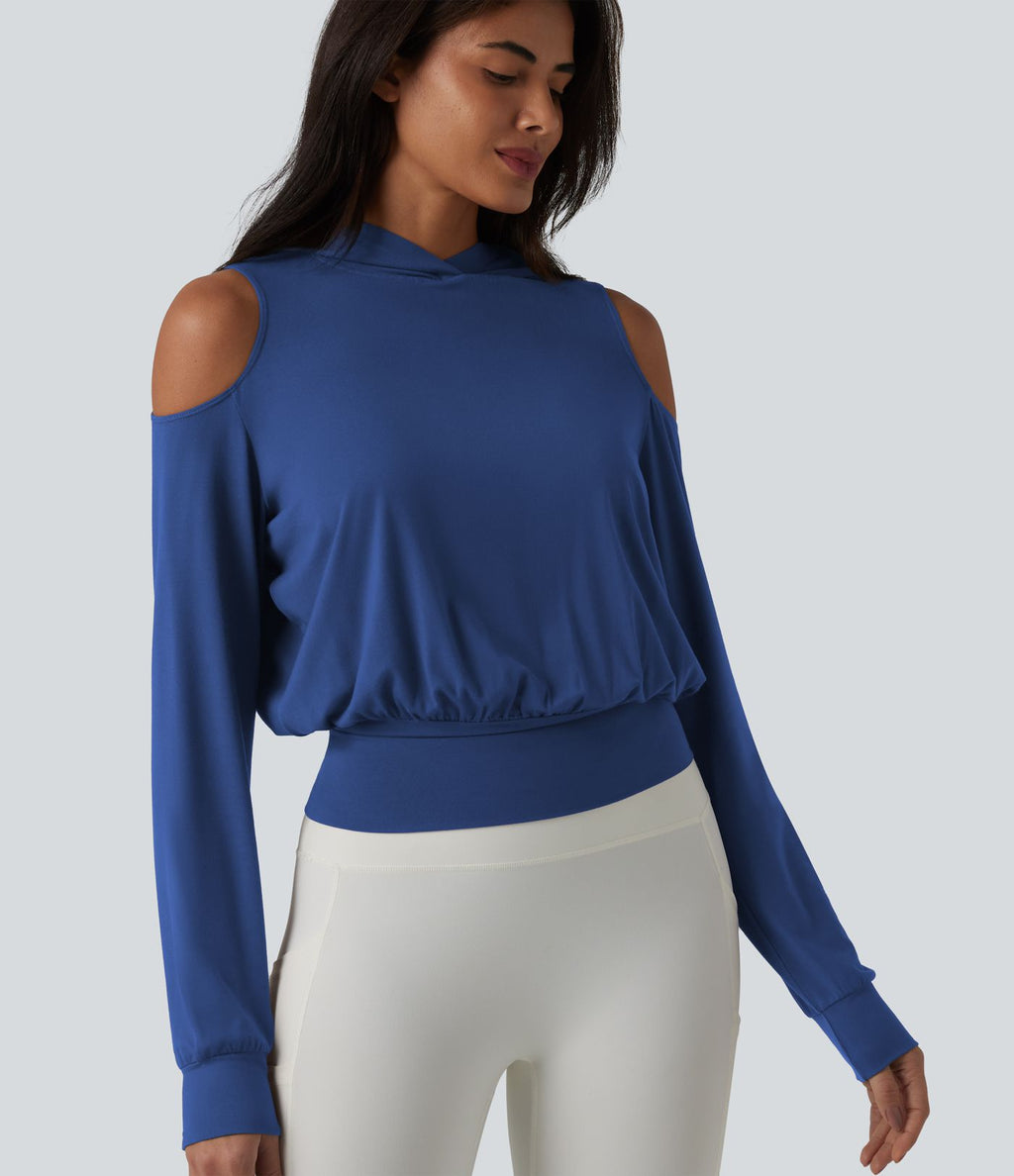 Sweat-shirt de sport à capuche épaules dénudées manches longues