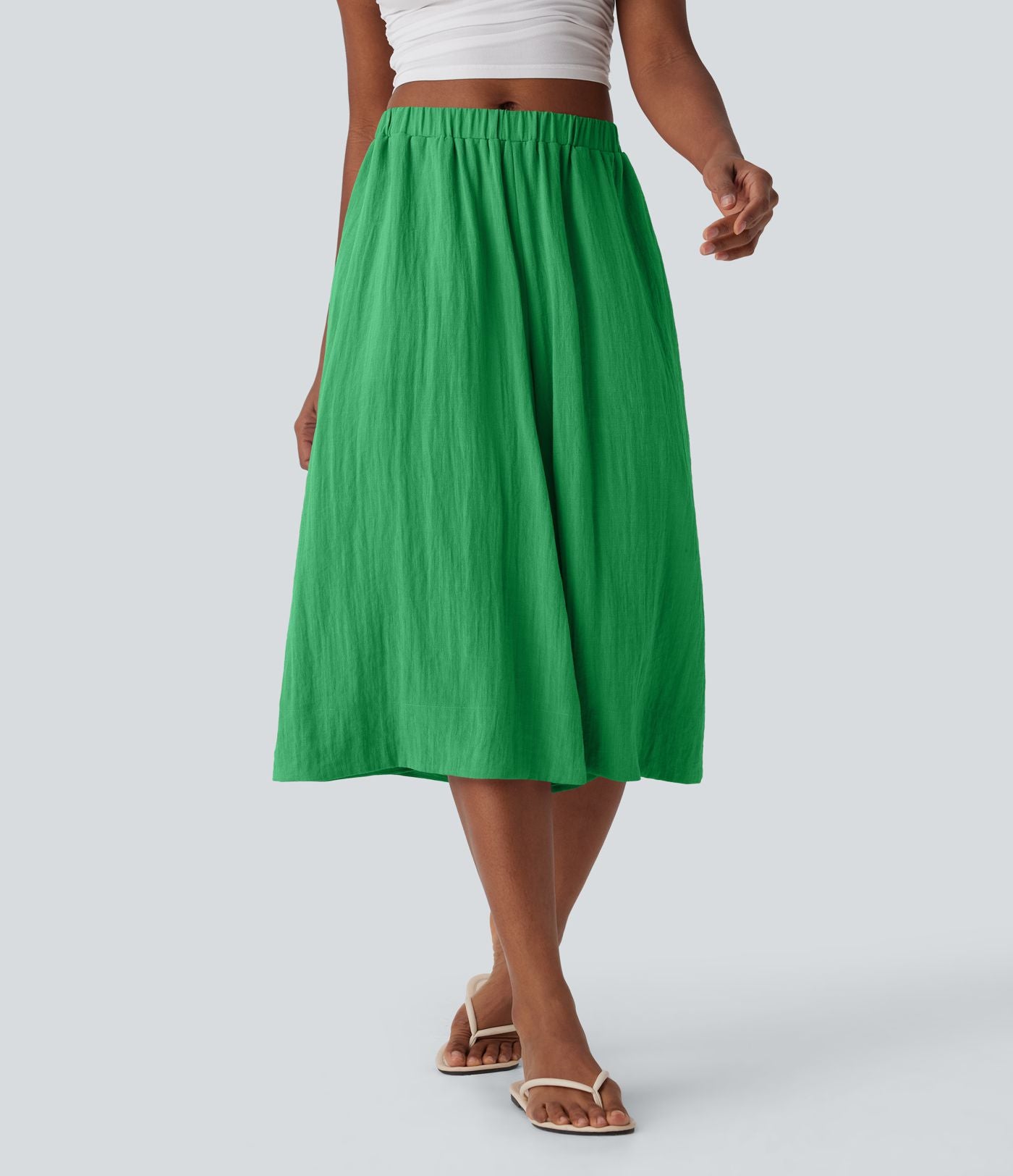Pantalon fluide large taille mi-haute effet lin avec poche