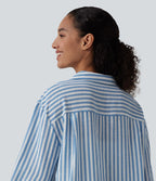 Chemise décontractée rayée col cranté manches longues aspect lin avec poche