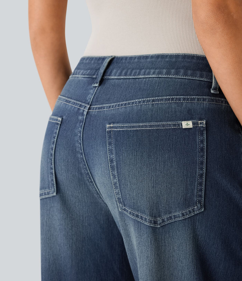 Halara Flex™ Jean Large Casual Taille Basse avec Boutons Zip Multiples Poches Lavés Élastiques et Tricotés