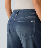 Halara Flex™ Jean Large Casual Taille Basse avec Boutons Zip Multiples Poches Lavés Élastiques et Tricotés