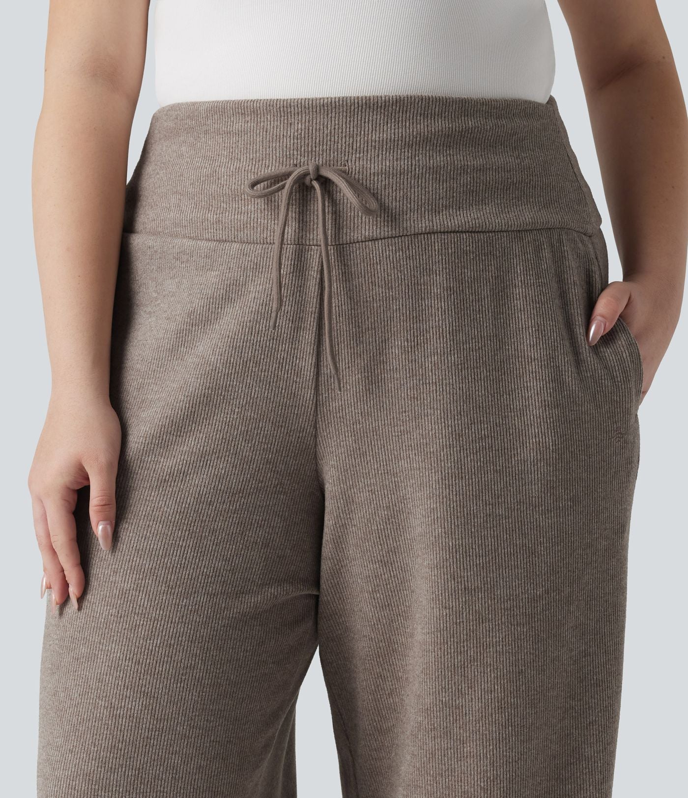 Grande taille Pantalon casual large taille haute ventre plat en maille côtelée, cordon de serrage et poches