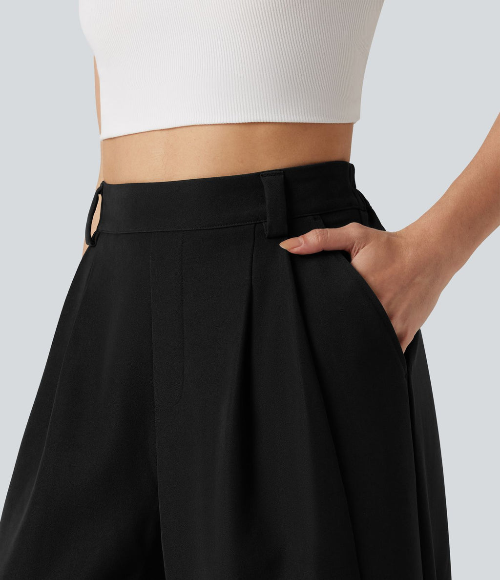 Pantalon tailleur large, taille haute, à poches