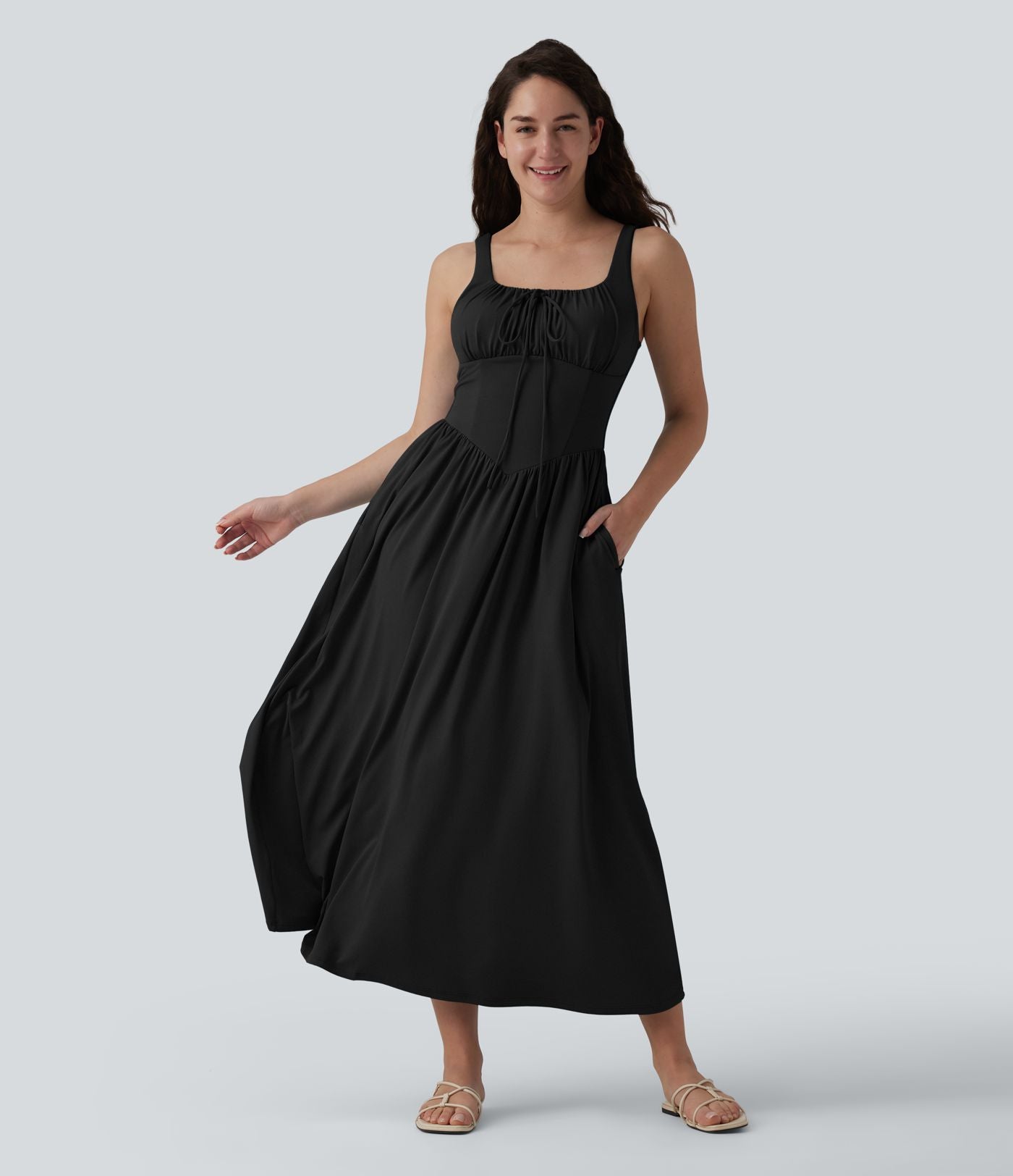 Robe midi fluide casual col carré à corset et nœud devant avec poches