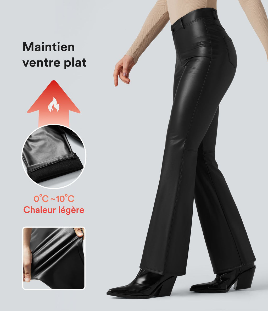 Pantalon évasé asymétrique polaire PU gainant extensible taille haute avec poches