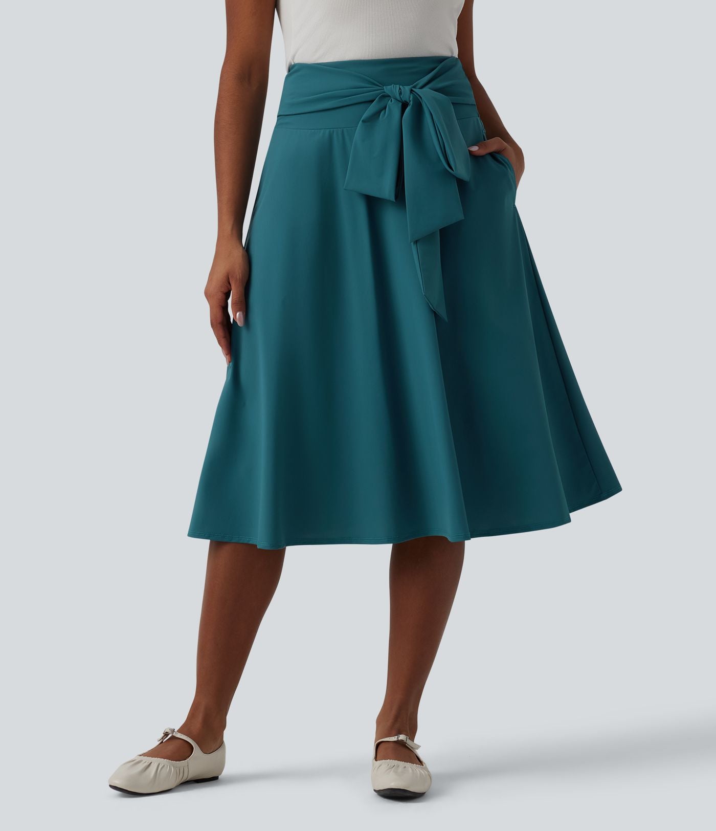 Jupe midi casual trapèze taille haute à nœud devant