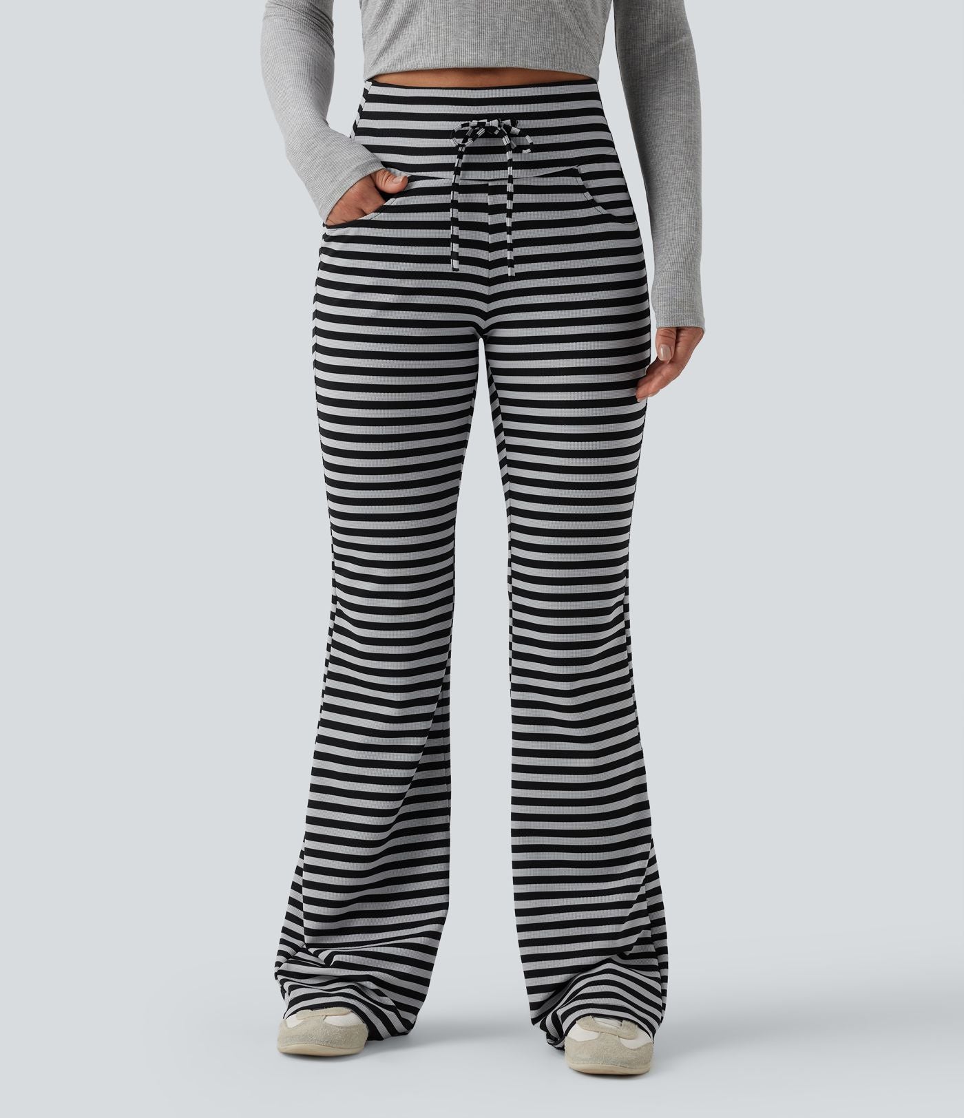 Pantalon évasé décontracté taille haute gainant à rayures en tissu gaufré avec cordon de serrage et poches