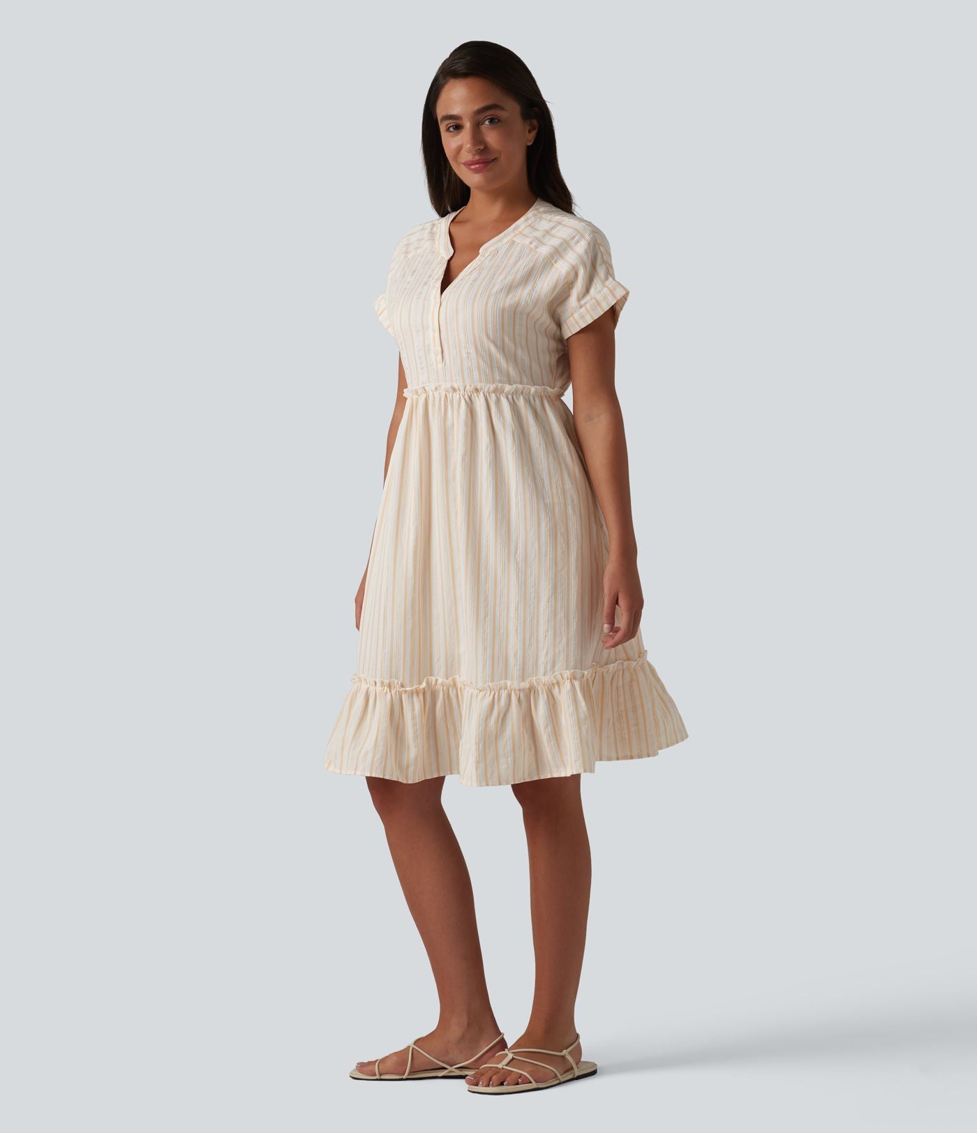 Robe décontractée mini col V manches courtes à rayures avec poches