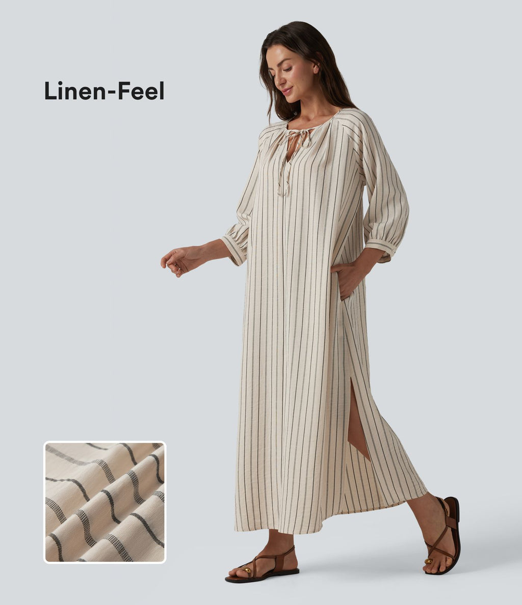 Robe midi casual à rayures aspect lin col V avec nœud, manches 3/4 fendues et poches