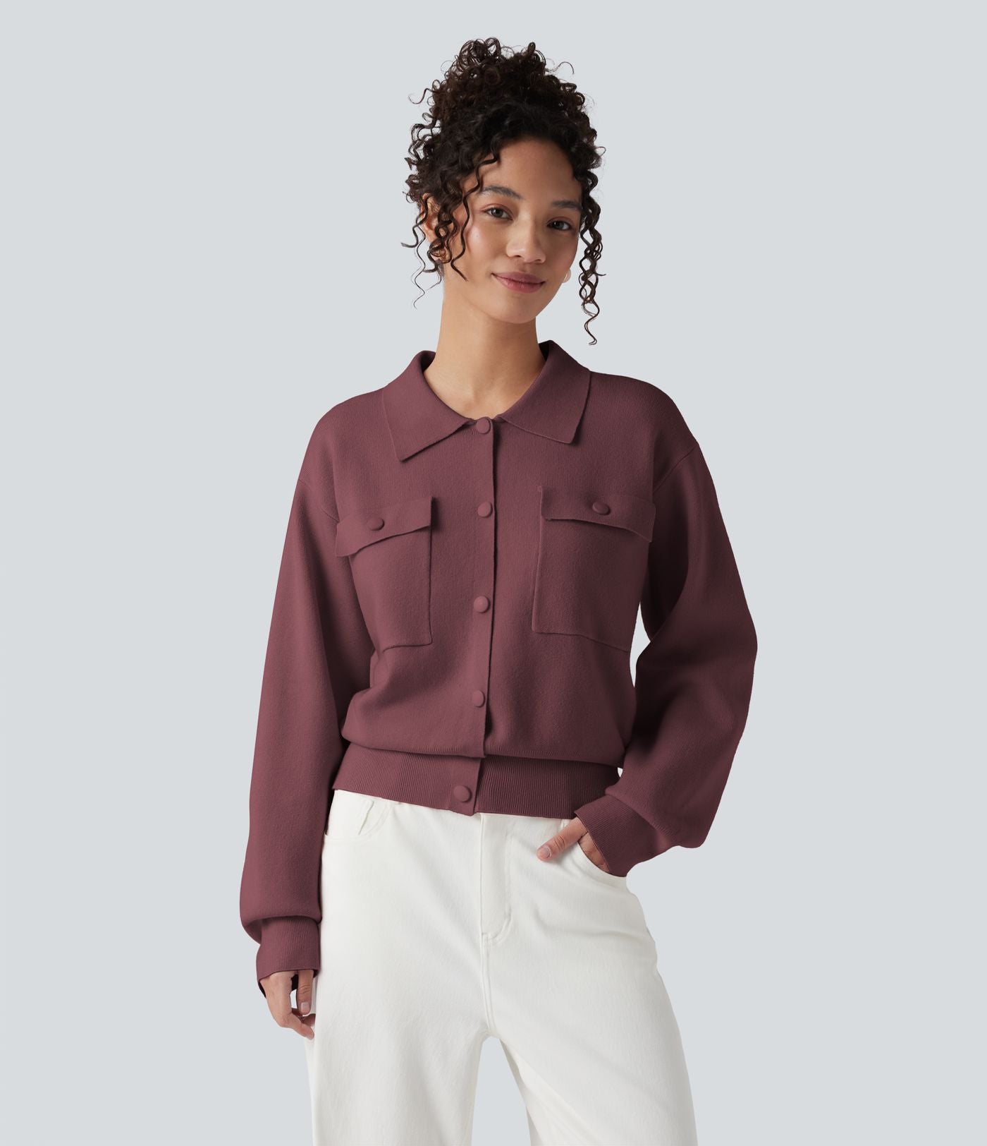 Pull décontracté à col chemise avec poches poitrine boutonnées