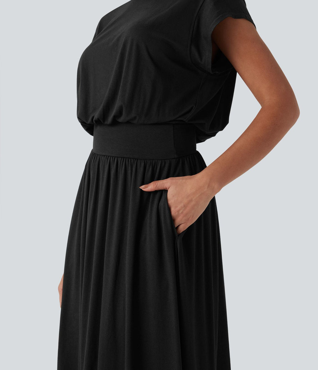 Robe de travail mi-longue fluide gainante à manches chauve-souris avec poches