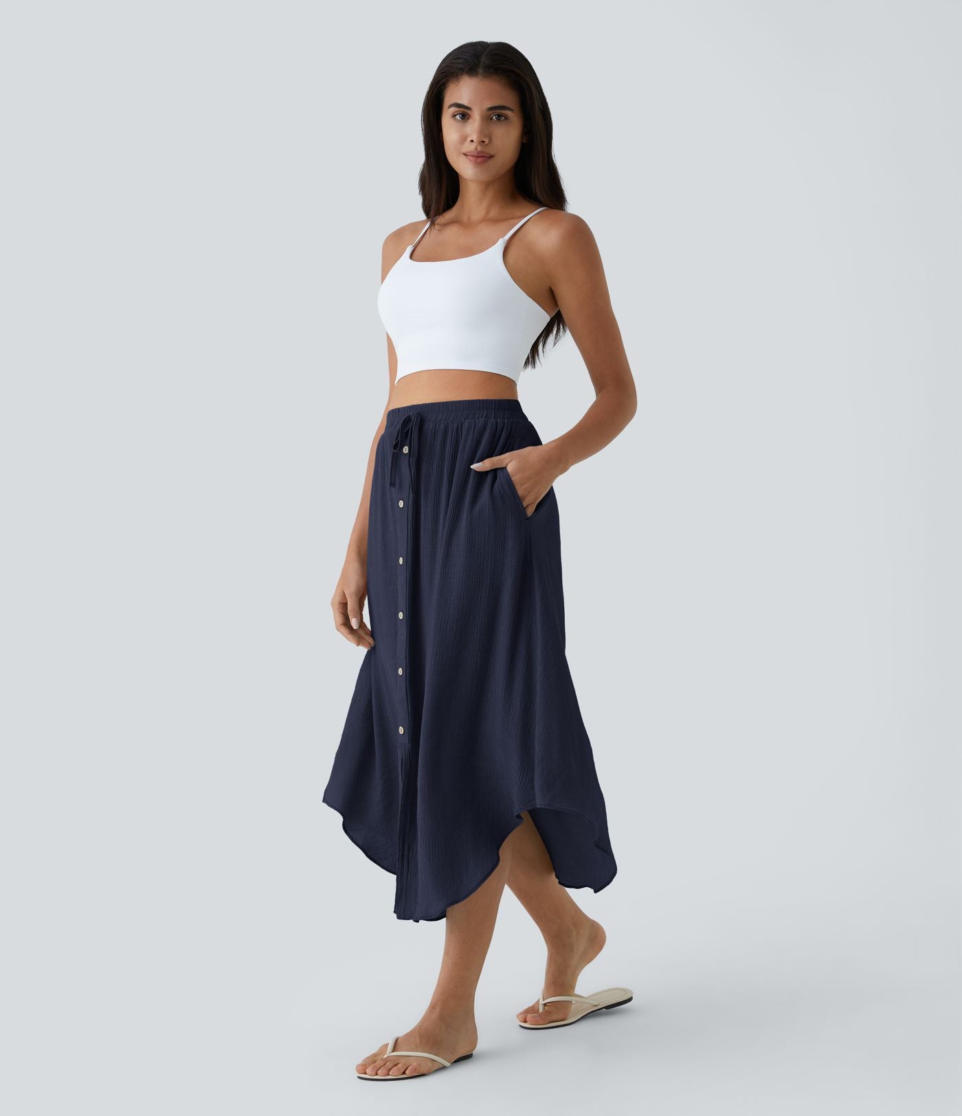 Jupe Midi Fluide Taille Haute Cordon de Serrage Boutonnés Poches Latérales