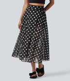 Jupe-short midi fluide évasée taille haute style vacances en mesh à pois avec cordon de serrage et poches