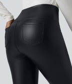 Legging corsaire casual ventre plat taille haute extensible en simili cuir avec poches