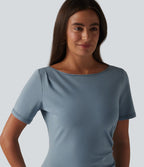 Halara Flex™ Robe casual mi-longue en jean col bateau à manches courtes, froncée avec fente