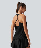 Débardeur de yoga à encolure U, ourlet arrondi, toucher frais, séchage rapide, coussinets amovibles et protection solaire UPF 50+