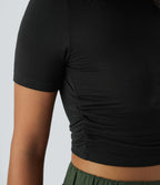 T-shirt Casual à Col Rond Manches Courtes Ruché Cintré et Court