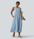 Robe débardeur midi décontractée col rond sans manches en vichy froissé avec poches
