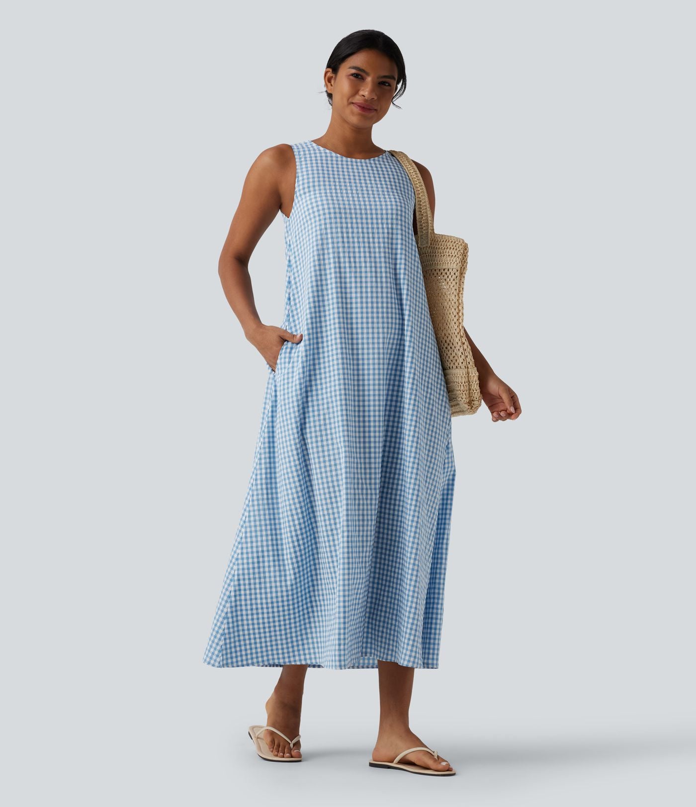 Robe débardeur midi décontractée col rond sans manches en vichy froissé avec poches