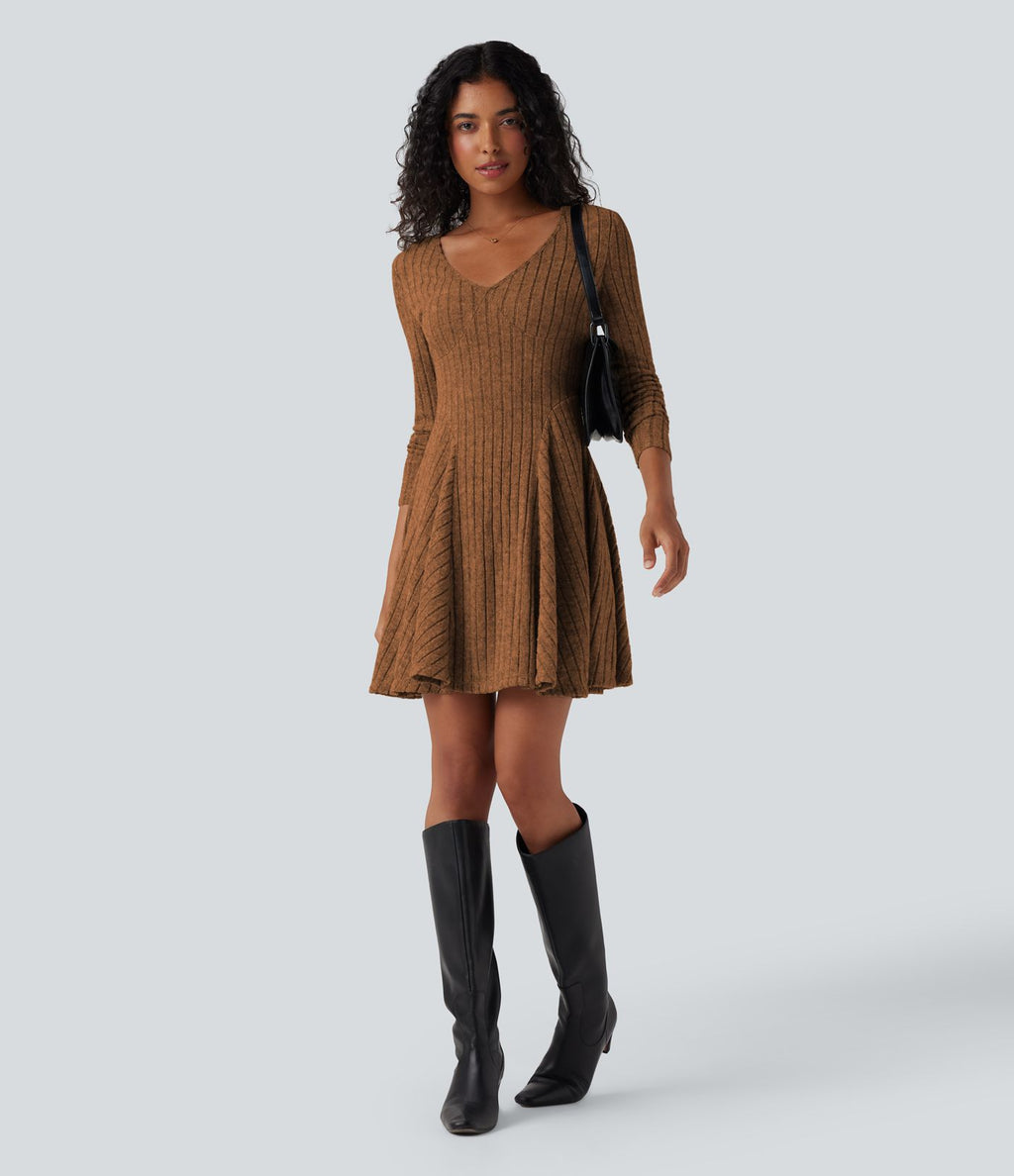 Robe décontractée mini évasée maille côtelée col V manches longues
