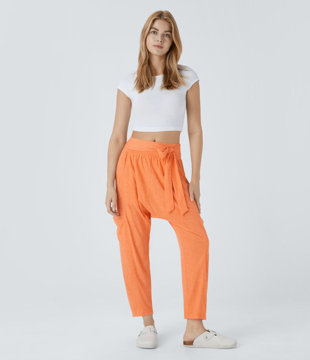 Pantalon Harem Casuak à Taille Mi-Haute avec Liens sur le Côté et Multiples Poches