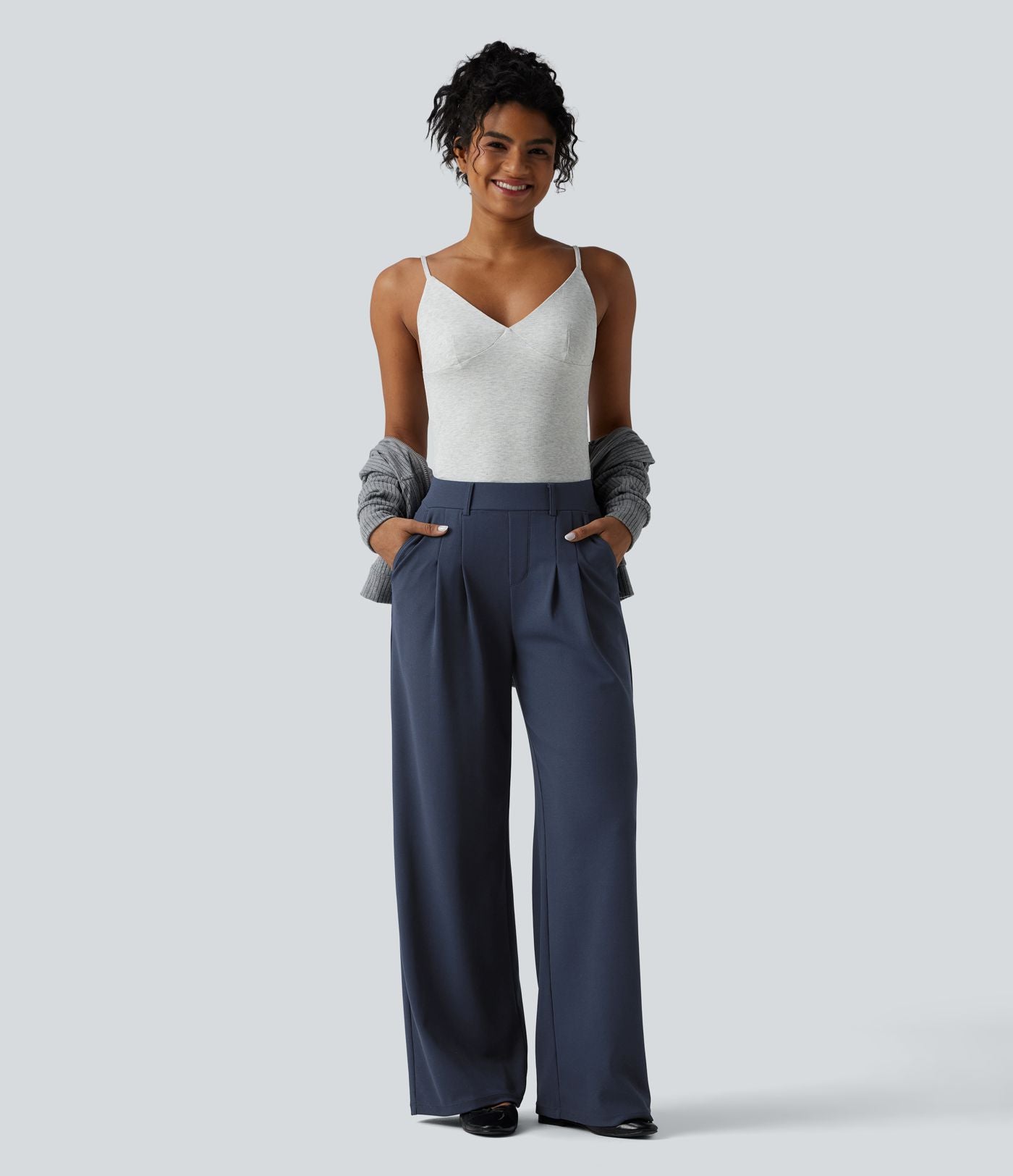 Pantalon décontracté large taille mi-haute gaufré avec poches