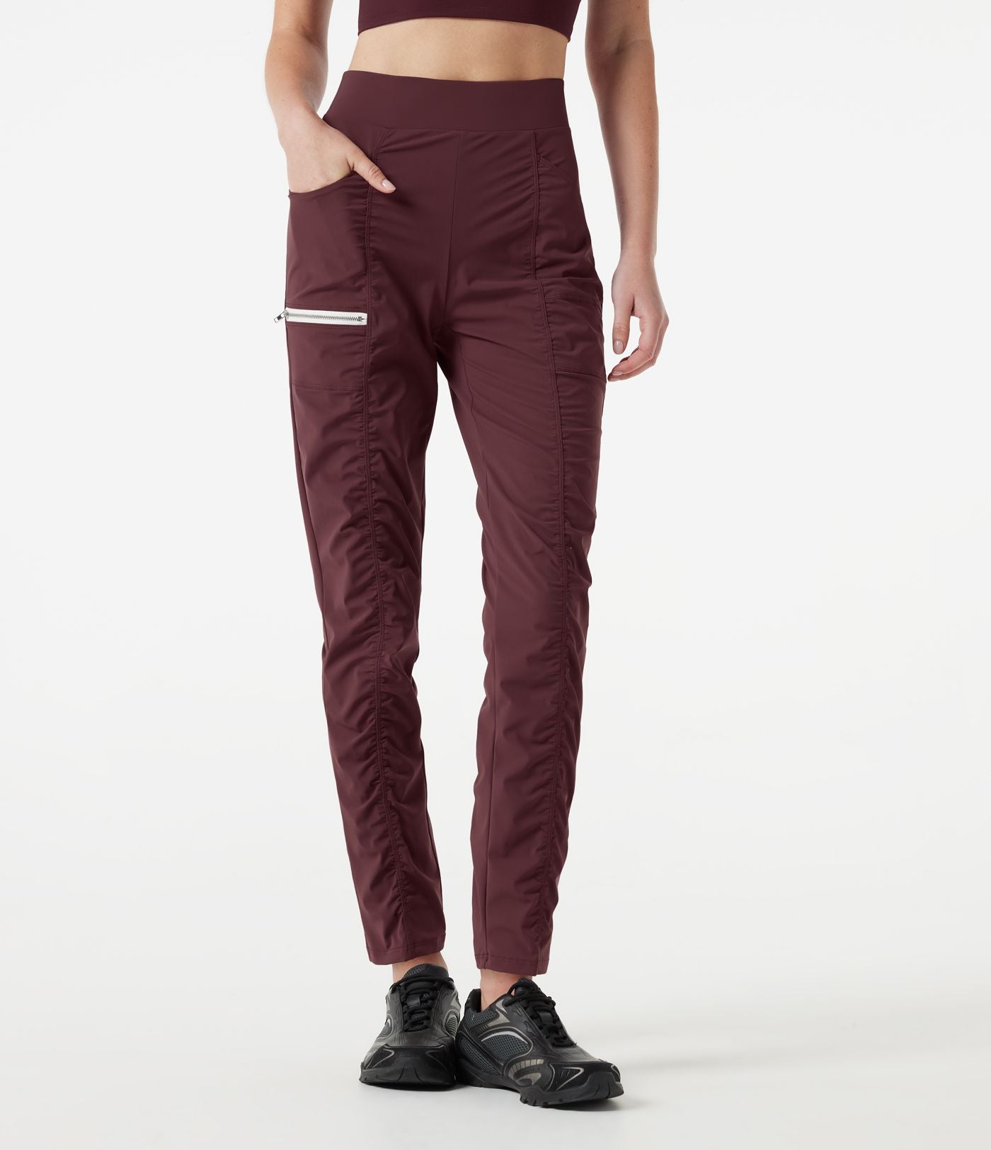 Pantalon slim de running taille haute à séchage rapide avec fronces et poches