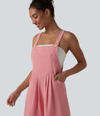 Combinaison short aspect lin plissée resort avec bretelles réglables et poches