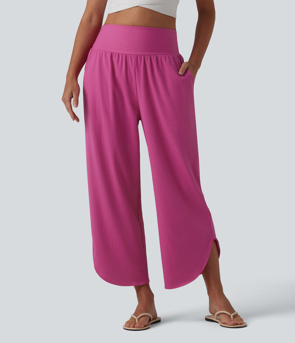 Pantalon décontracté taille haute ventre plat à rayures séchage rapide avec poches - UPF40+