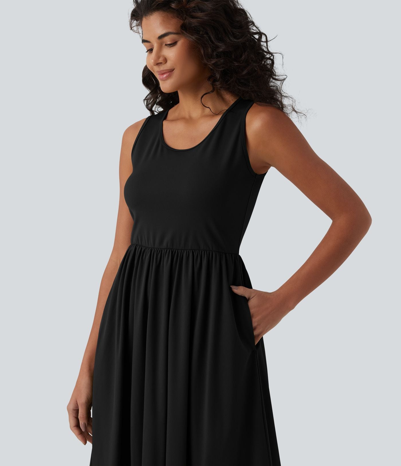 Robe longue fluide casual col U sans manches avec poches
