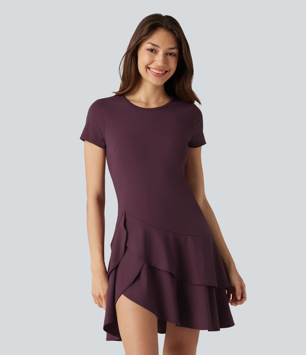 Robe mini décontractée SoftlyZero™ Airy col rond, manches courtes, ourlet à volants étagés, à effet frais InstantCool