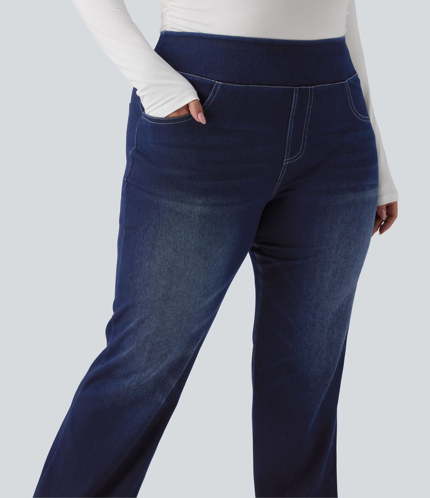 Jean décontracté Halara Flex™ grande taille bootcut taille haute en maille extensible délavée avec multiples poches
