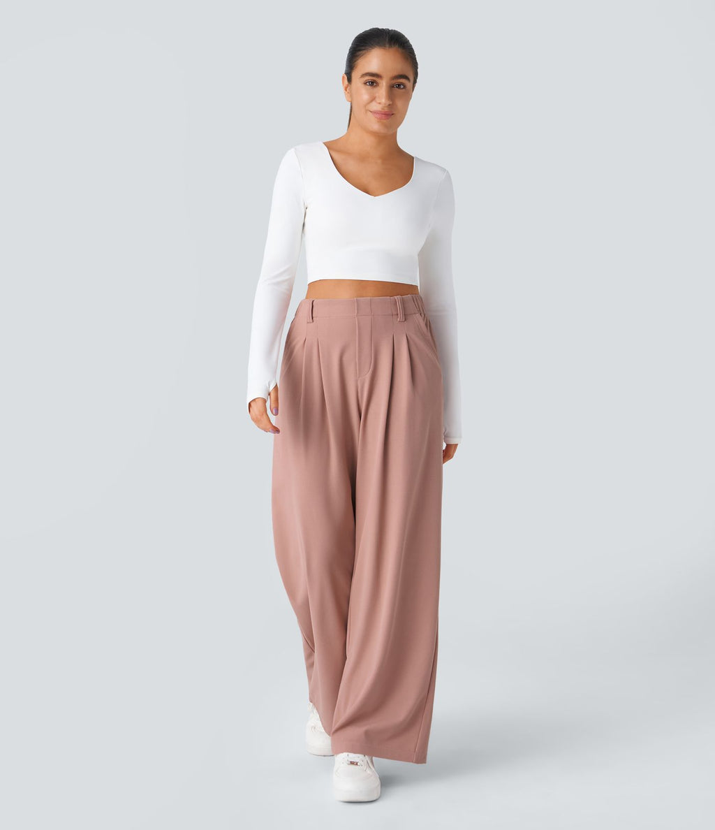 Pantalon Tailleur Large Fluide Halara Flex™ Gaufré Taille Haute Poches Latérales