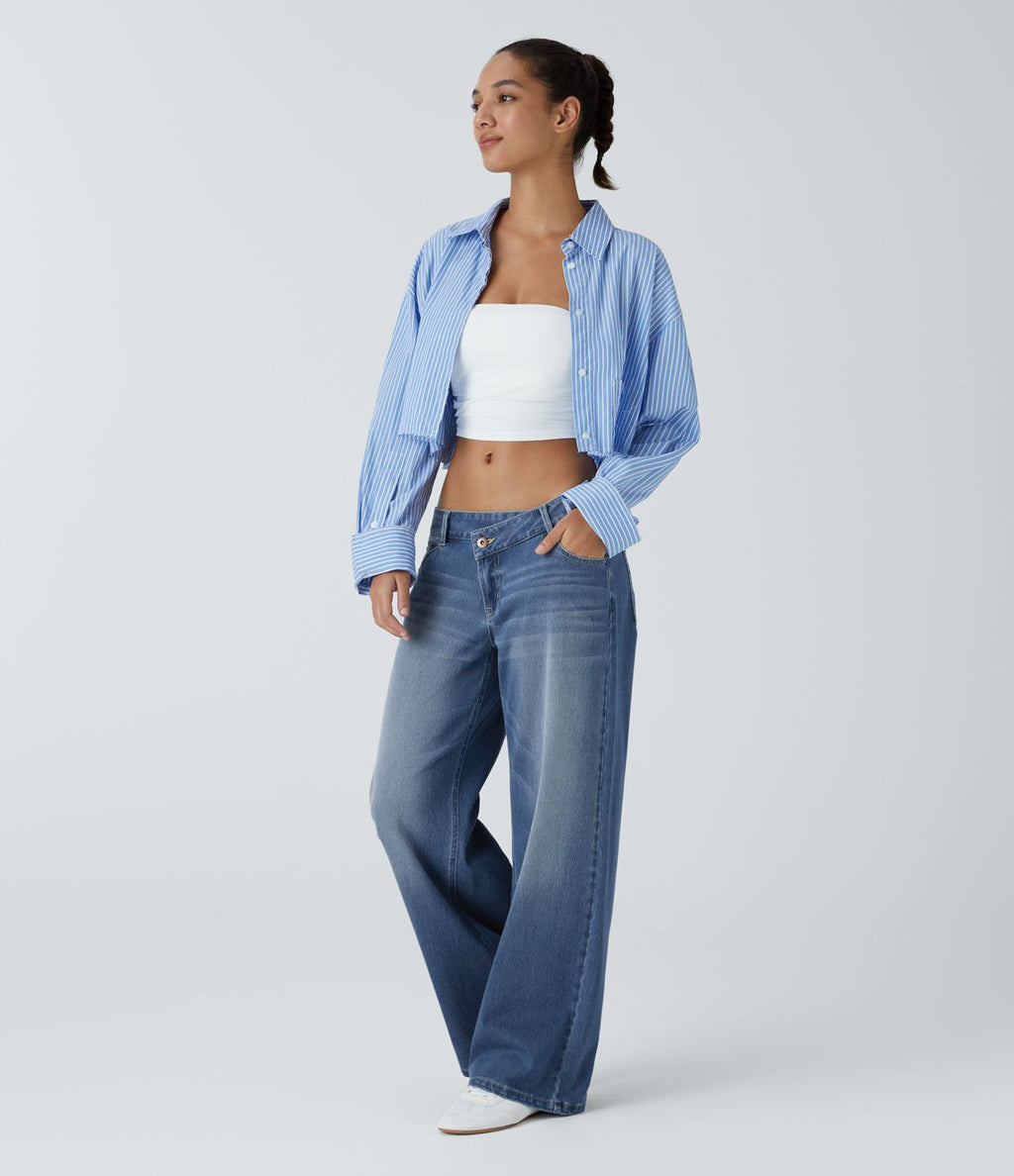 Halara Flex™ Jean large asymétrique taille basse avec bouton, fermeture éclair et poches multiples, délavé et extensible en maille