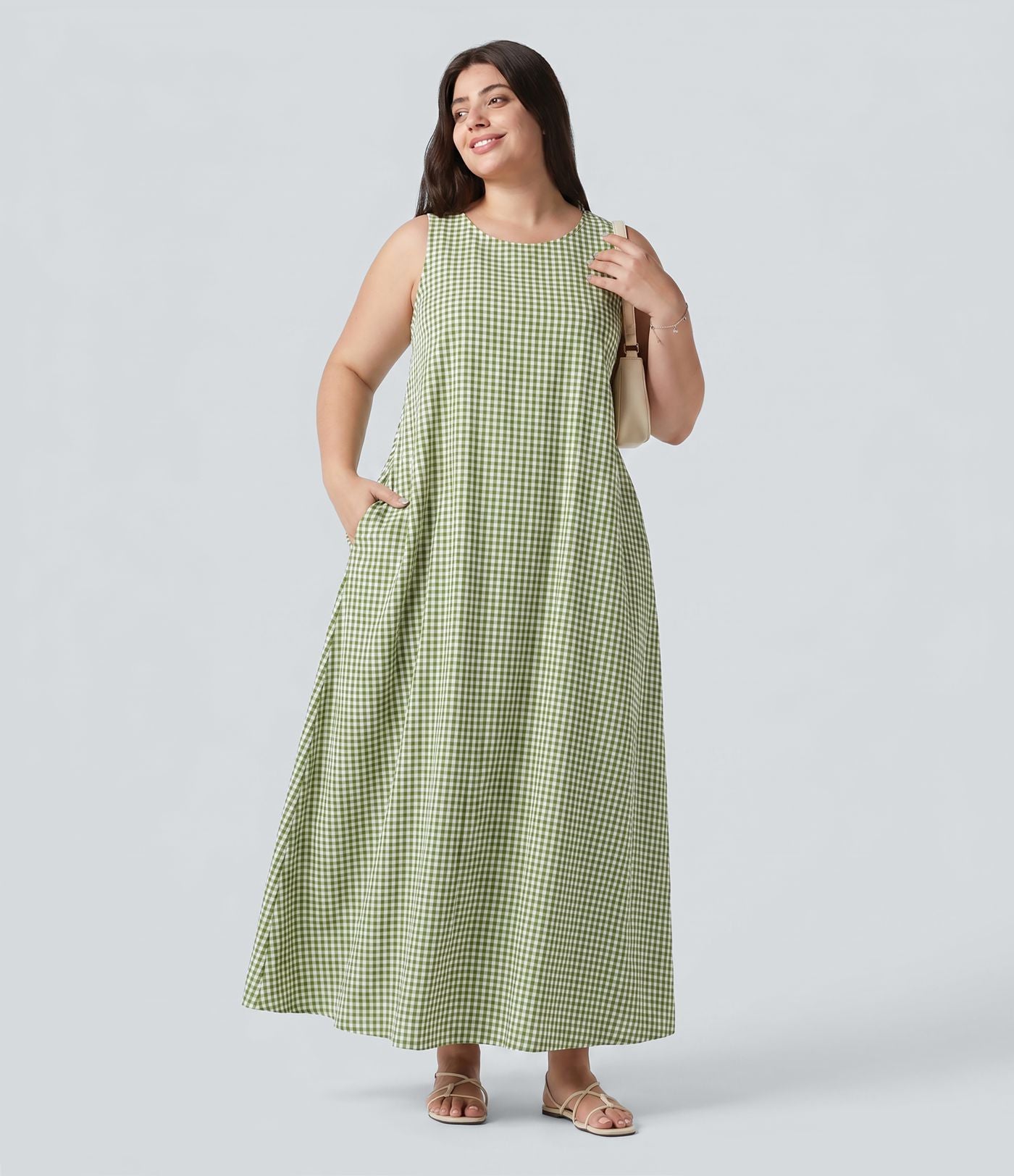 Robe débardeur midi sans manches col rond en vichy froissé grande taille à poches