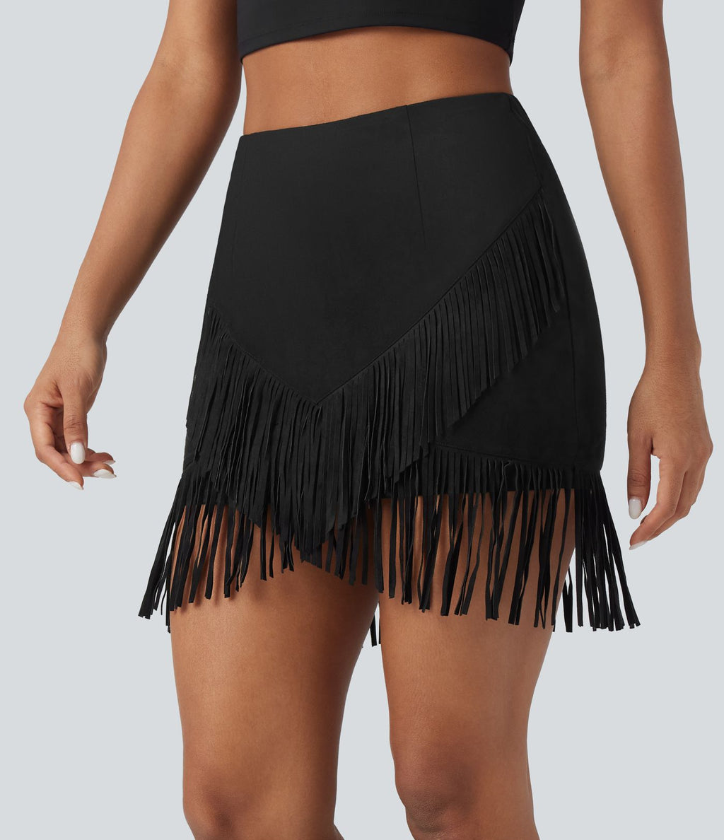 Jupe mini moulante décontractée 2-en-1 effet daim taille haute à franges