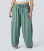 Pantalon Large Casual Taille Mi-Haute Taille Élastique Cordon Poches Latérales Ourlet Flottant Grande Taille