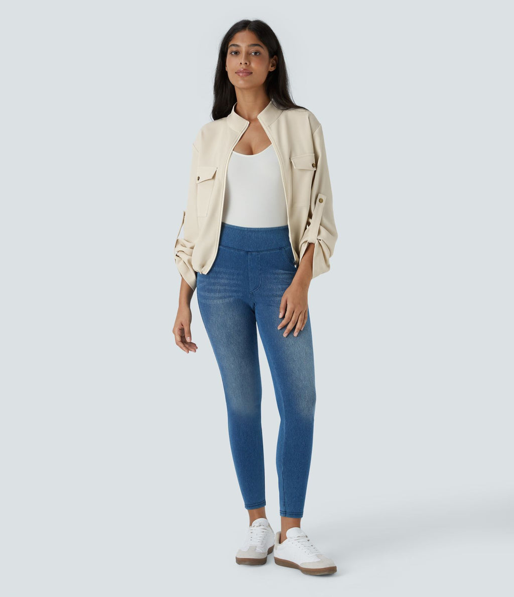 Blouson décontracté à col montant, manches retroussables, poches à rabat, cordon de serrage intérieur et fermeture éclair