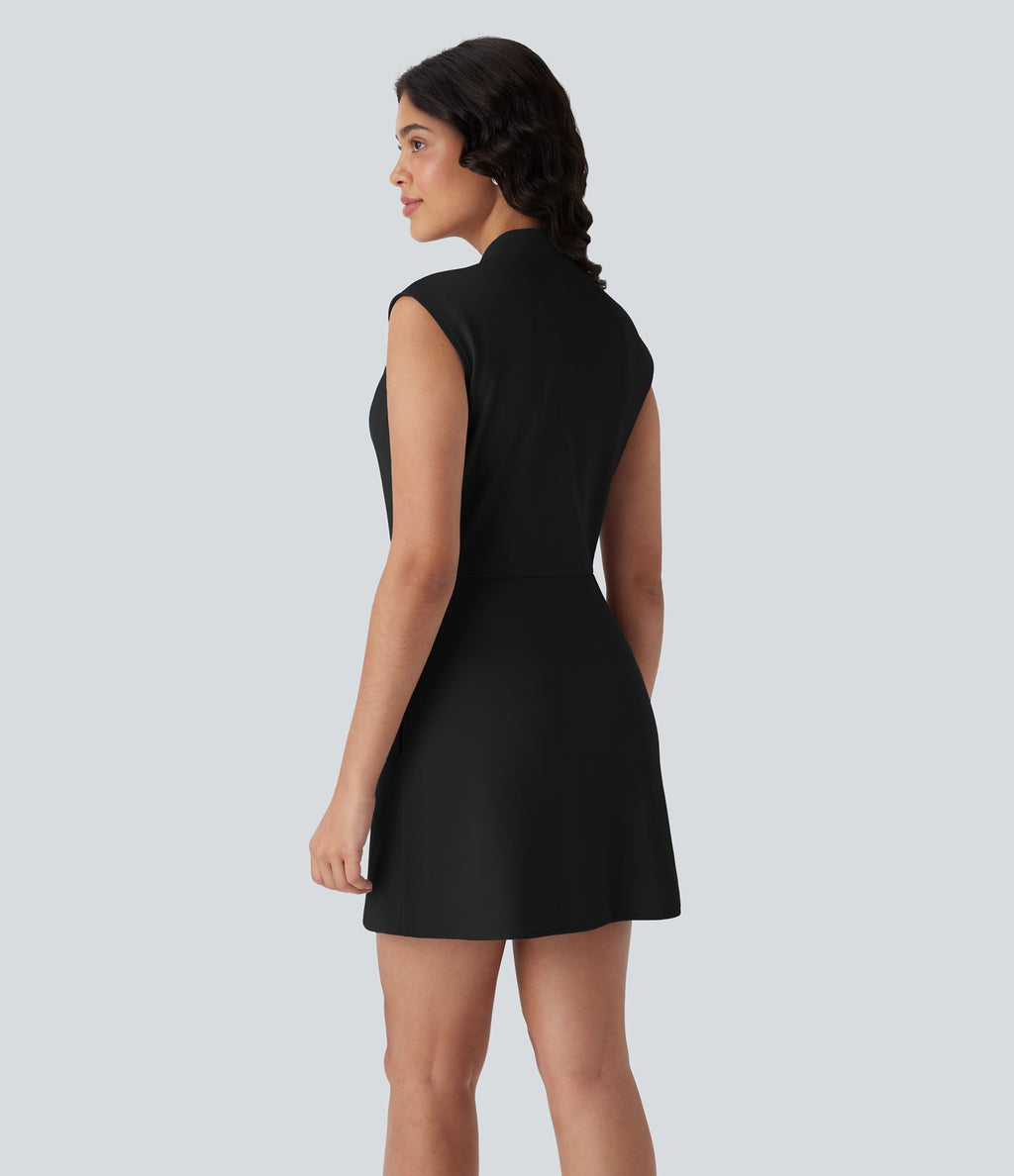 Robe de travail courte sans manches col V plissée Halara Flex™ micro gaufré avec poches