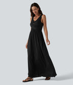 Robe longue fluide décontractée à col en U, sans manches et croisée, avec poches