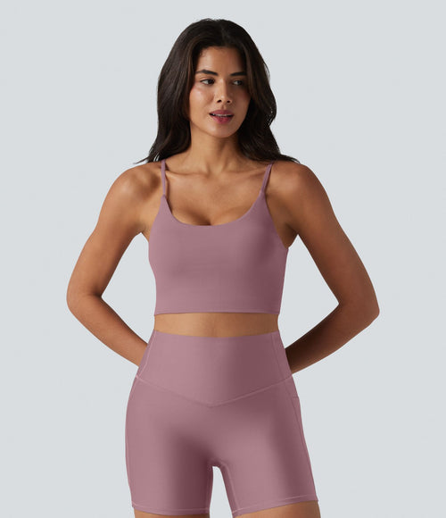 Brassière de sport de yoga en maille côtelée col U, maintien léger et soutien-gorge intégré